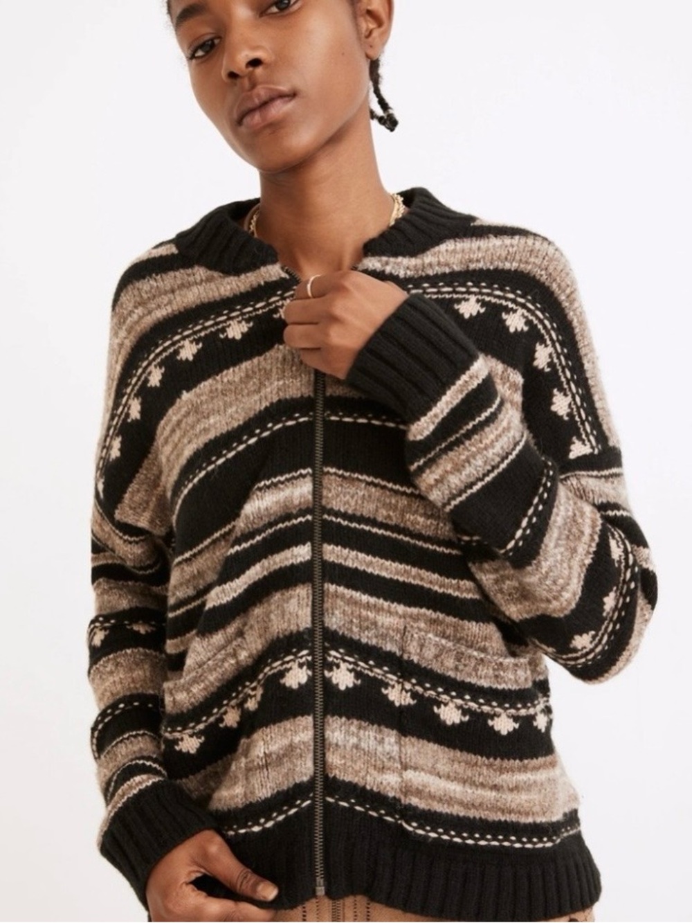Madewell Striped Zip-Front Knit Sweater Jacket - Black & Beige